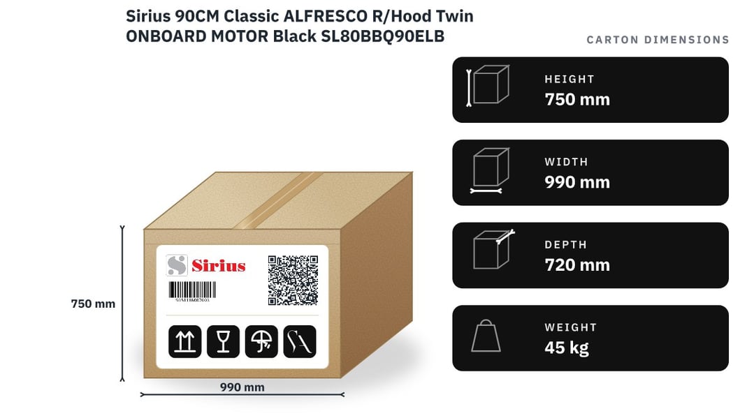 Sirius 90CM Classic ALFRESCO R/Hood Twin ONBOARD MOTOR Black SL80BBQ90ELB — packaged dimensions