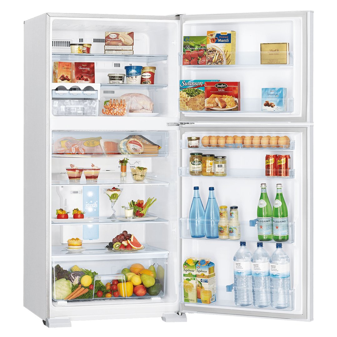 Open top mount refrigerator filled with food and drinks