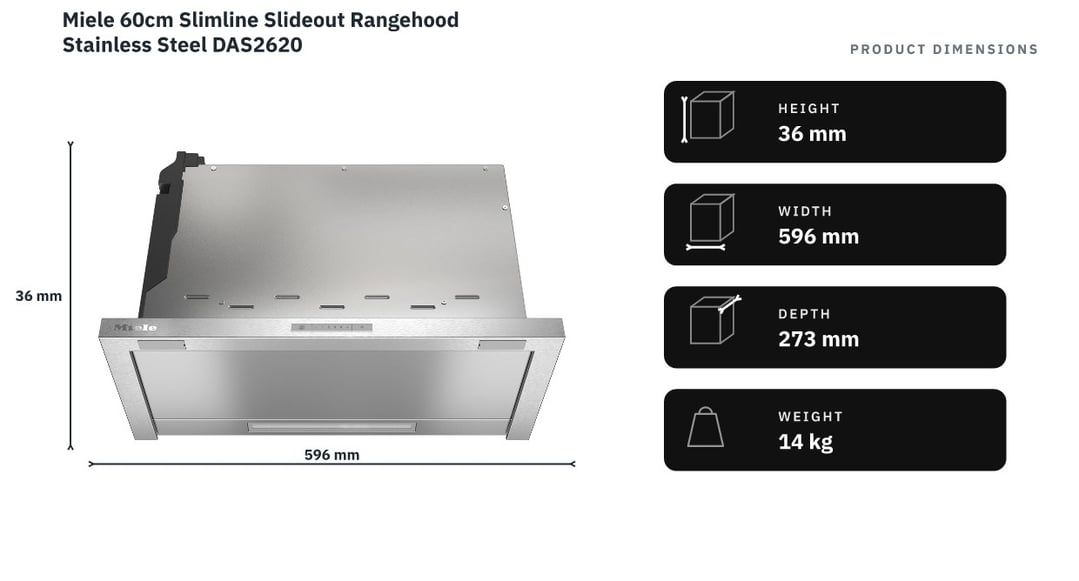 Miele 60cm Slimline Slideout Rangehood Stainless Steel DAS2620 — product dimensions