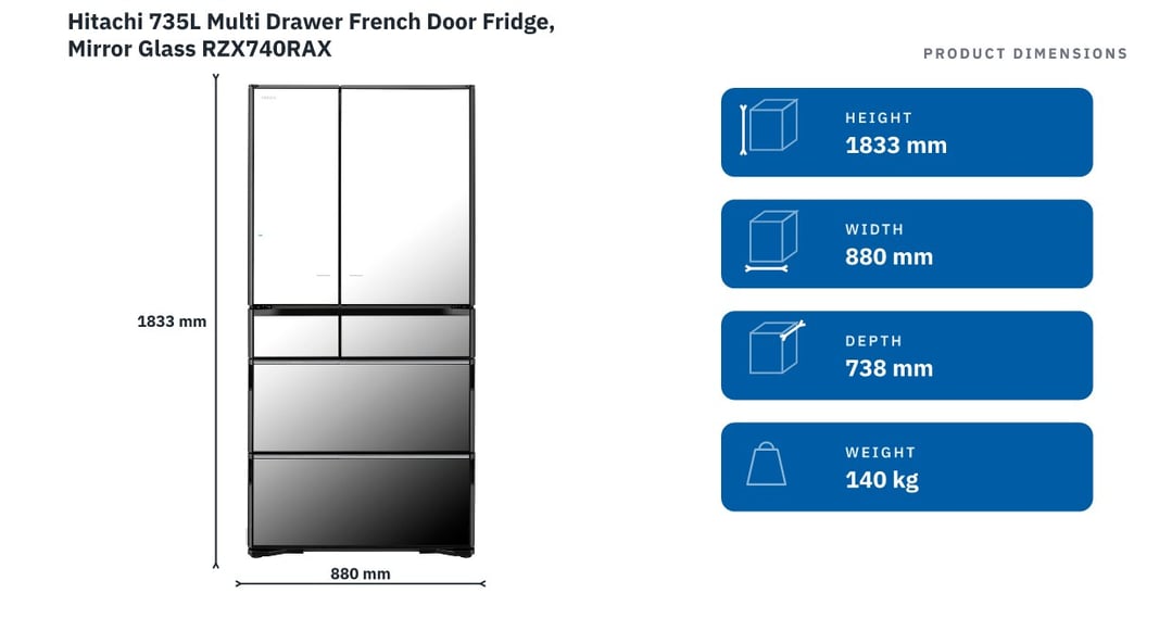 Hitachi 735L Multi Drawer French Door Fridge, Mirror Glass RZX740RAX
