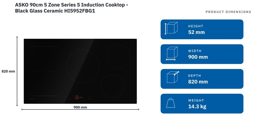 ASKO 90cm 5 Zone Series 5 Induction Cooktop - Black Glass Ceramic HI5952FBG1 — product dimensions