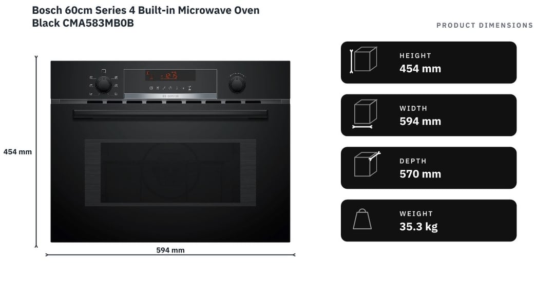 Bosch 60cm Series 4 Built-in Microwave Oven Black CMA583MB0B — product dimensions