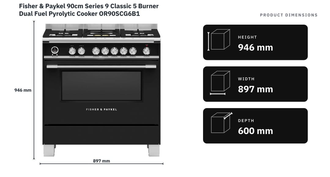 Fisher & Paykel 90cm Series 9 Classic 5 Burner Dual Fuel Pyrolytic Cooker OR90SCG6B1 — product dimensions