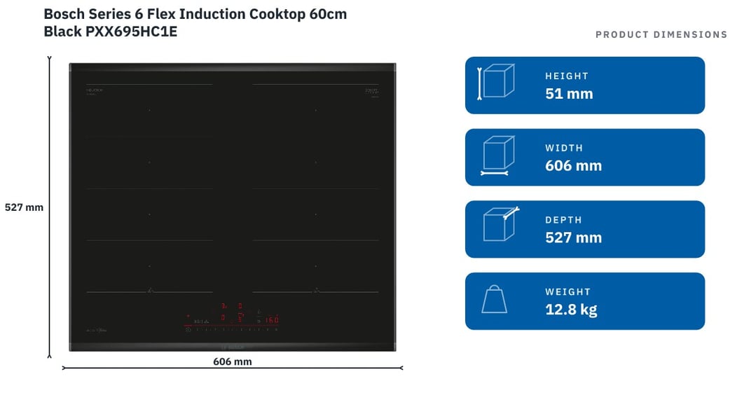 Bosch Series 6 Flex Induction Cooktop 60cm Black PXX695HC1E — product dimensions