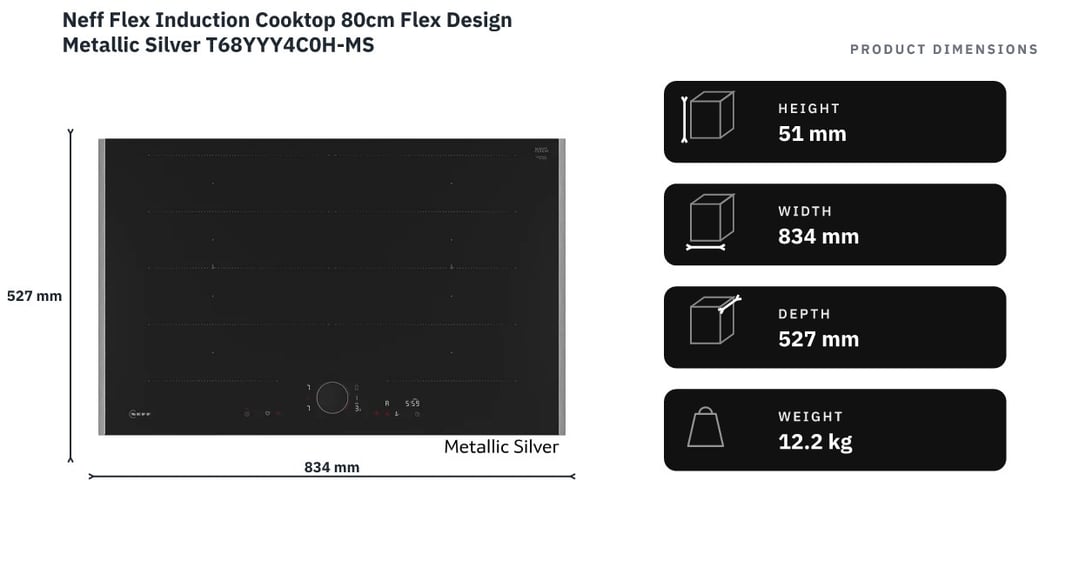 Neff Flex Induction Cooktop 80cm Flex Design Metallic Silver T68YYY4C0H-MS — product dimensions
