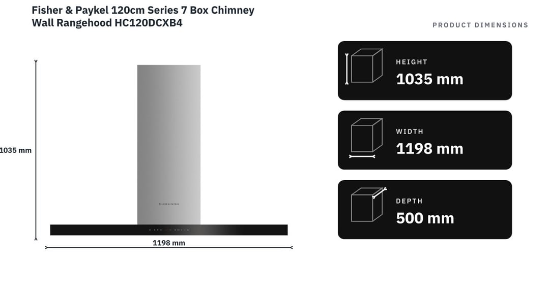 Fisher & Paykel 120cm Series 7 Box Chimney Wall Rangehood HC120DCXB4 — product dimensions