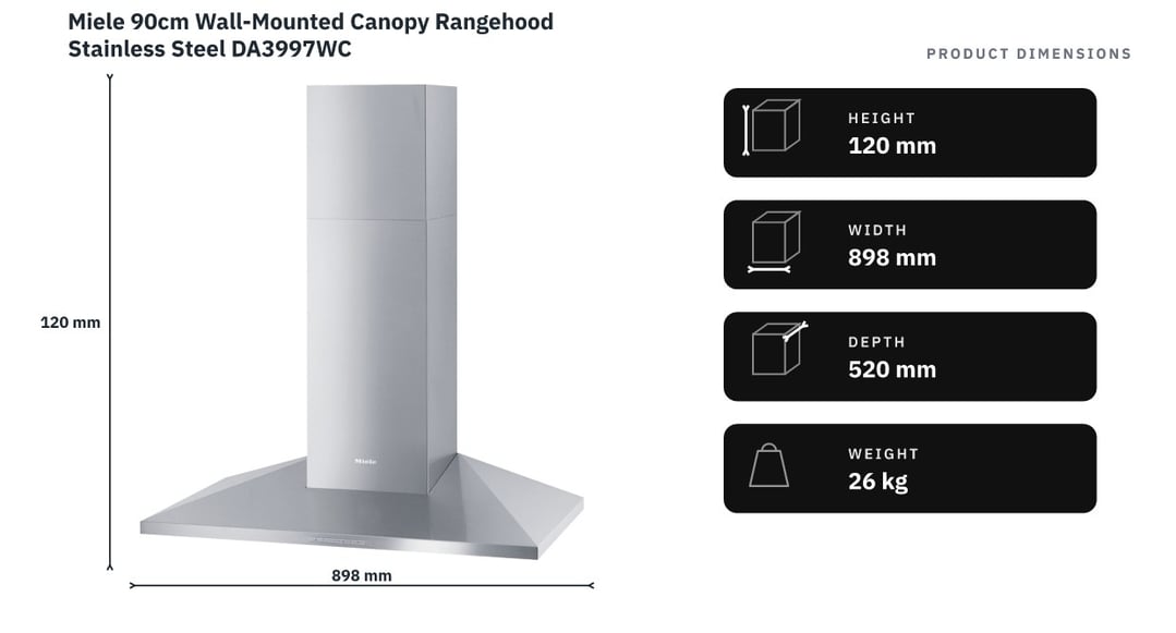 Miele 90cm Wall-Mounted Canopy Rangehood Stainless Steel DA3997WC — product dimensions