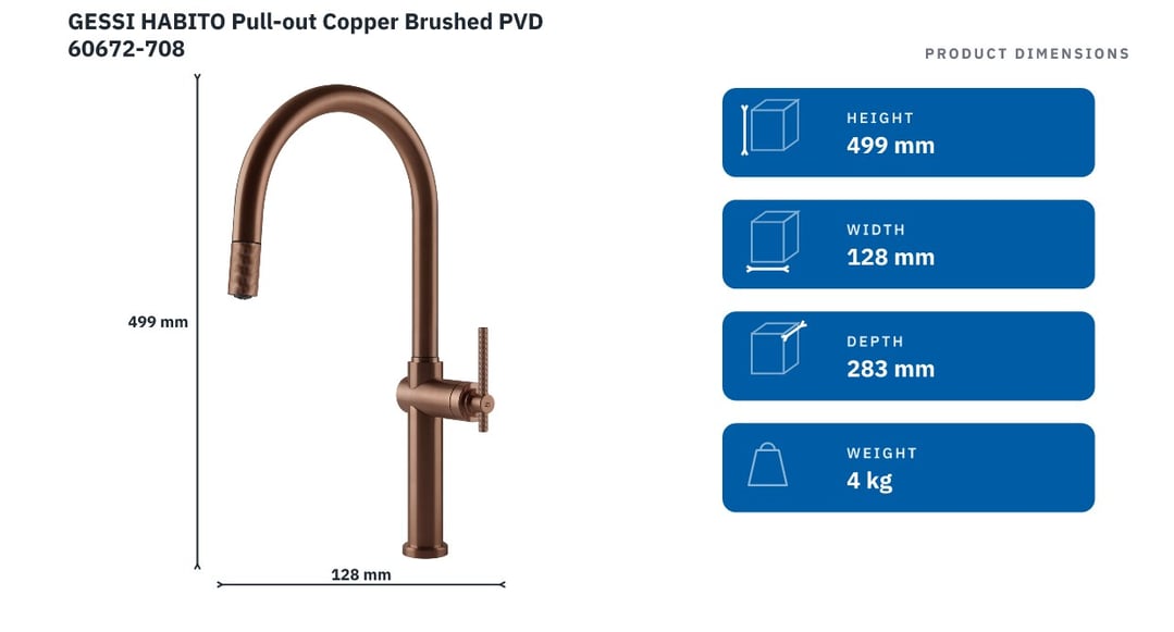 GESSI HABITO Pull-out Copper Brushed PVD 60672-708 — product dimensions