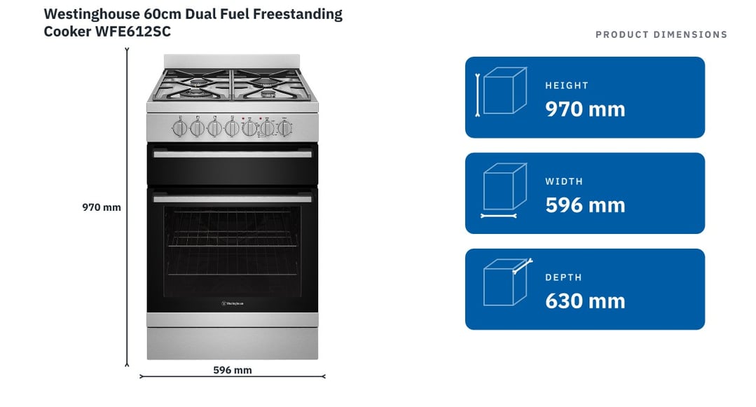 Westinghouse 60cm Dual Fuel Freestanding Cooker WFE612SC