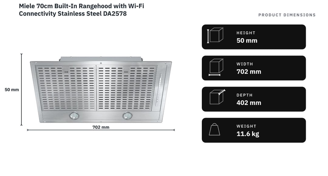 Miele 70cm Built-In Rangehood with Wi-Fi Connectivity Stainless Steel DA2578 — product dimensions