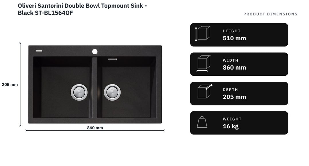 Oliveri Santorini Double Bowl Topmount Sink - Black ST-BL1564OF — product dimensions