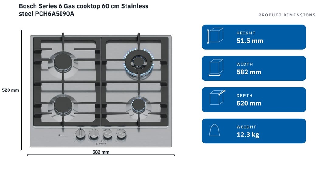 Bosch Series 6 Gas cooktop 60 cm Stainless steel PCH6A5I90A — product dimensions