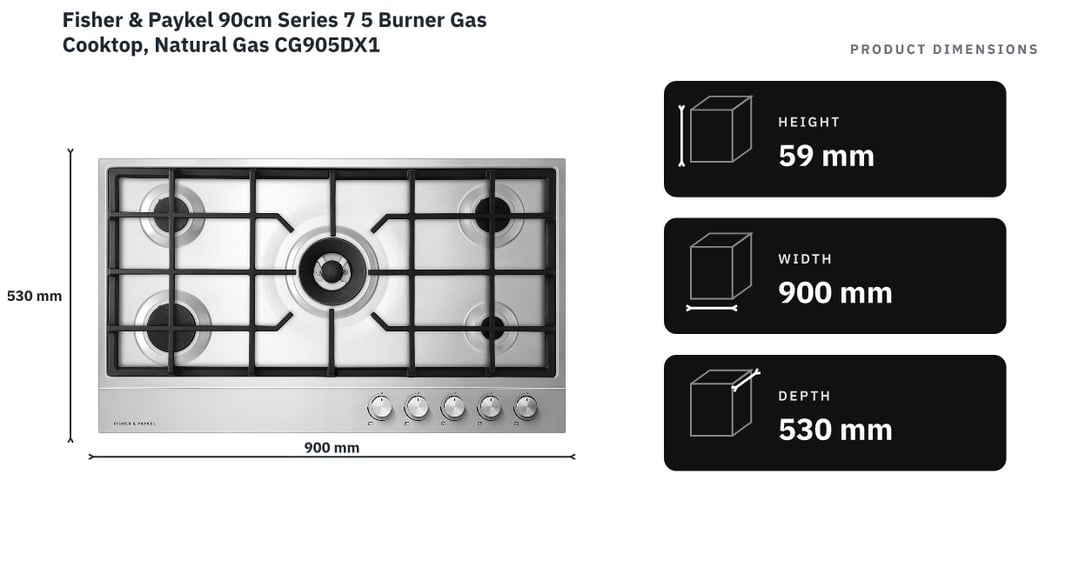 Fisher & Paykel 90cm Series 7 5 Burner Gas Cooktop, Natural Gas CG905DX1 — product dimensions