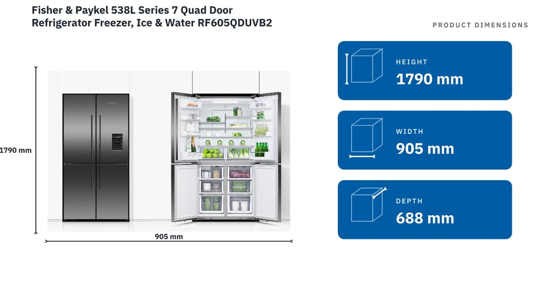 Fisher & Paykel 538L Series 7 Quad Door Refrigerator Freezer, Ice & Water RF605QDUVB2