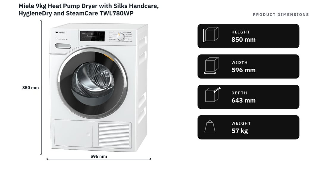 Miele 9kg Heat Pump Dryer with Silks Handcare, HygieneDry and SteamCare TWL780WP — product dimensions