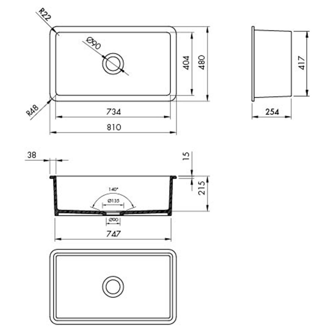 Turner Hastings Cuisine 81x48 Inset / Undermount Fireclay Sink with Overflow CU81FS-OF