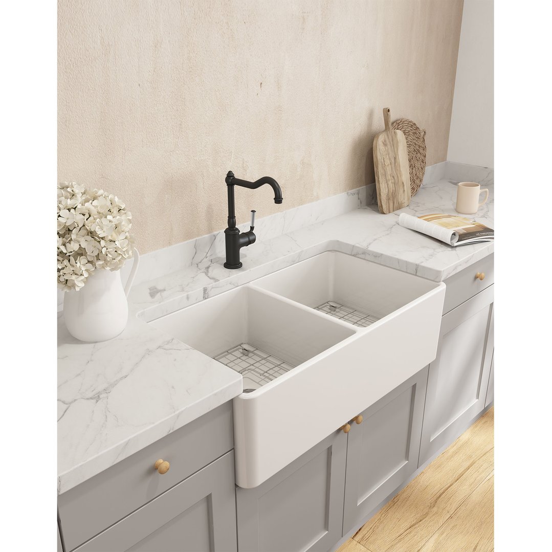 Turner Hastings Novi 85x46 Double Bowl Fireclay Butler Sink - Matte White NO853FS-MW