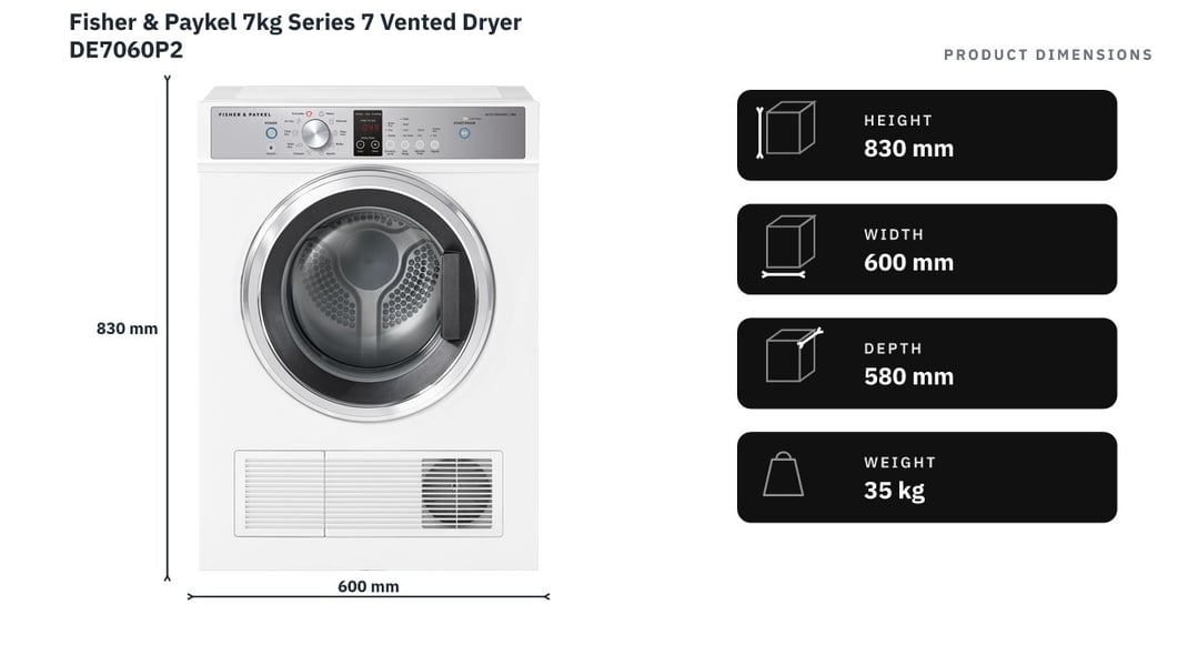 Fisher & Paykel 7kg Series 7 Vented Dryer DE7060P2 — product dimensions