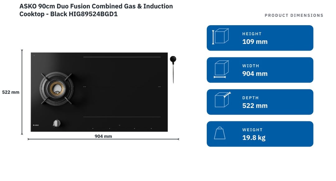 Asko 90cm Duo Fusion Combined Gas & Induction Cooktop - Black HIG89524BGD1