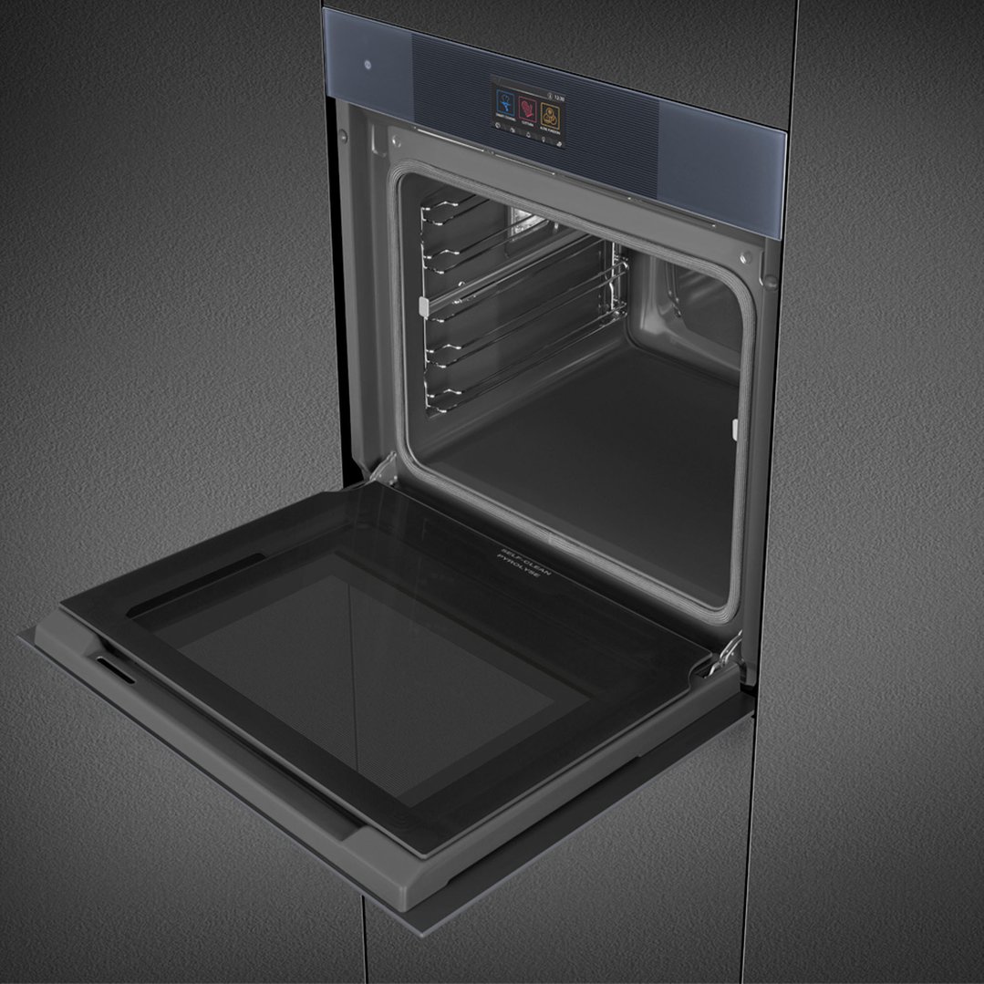 Built-in oven with door open, showing interior racks and control panel