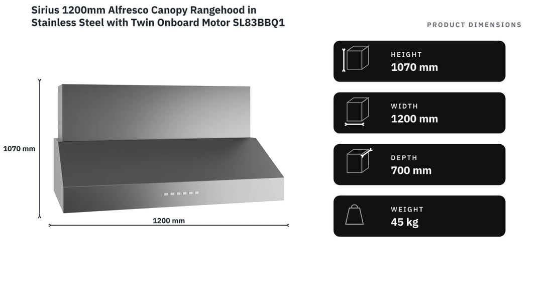 Sirius 1200mm Alfresco Canopy Rangehood in Stainless Steel with Twin Onboard Motor SL83BBQ120ELM — product dimensions