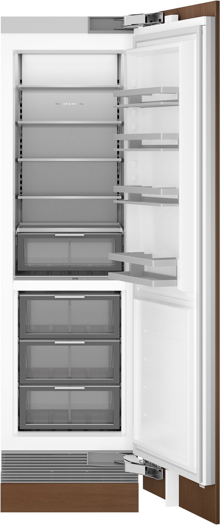 Open integrated fridge with shelves and drawers built into a wooden cabinet