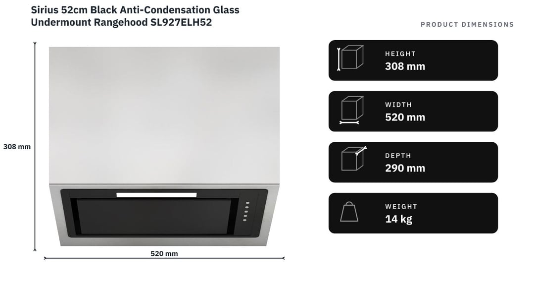 Sirius 52cm Black Anti-Condensation Glass Undermount Rangehood SL927ELH52 — product dimensions