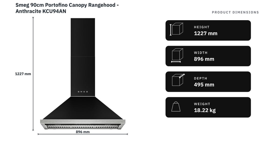 Smeg 90cm Portofino Canopy Rangehood - Anthracite KCU94AN — product dimensions