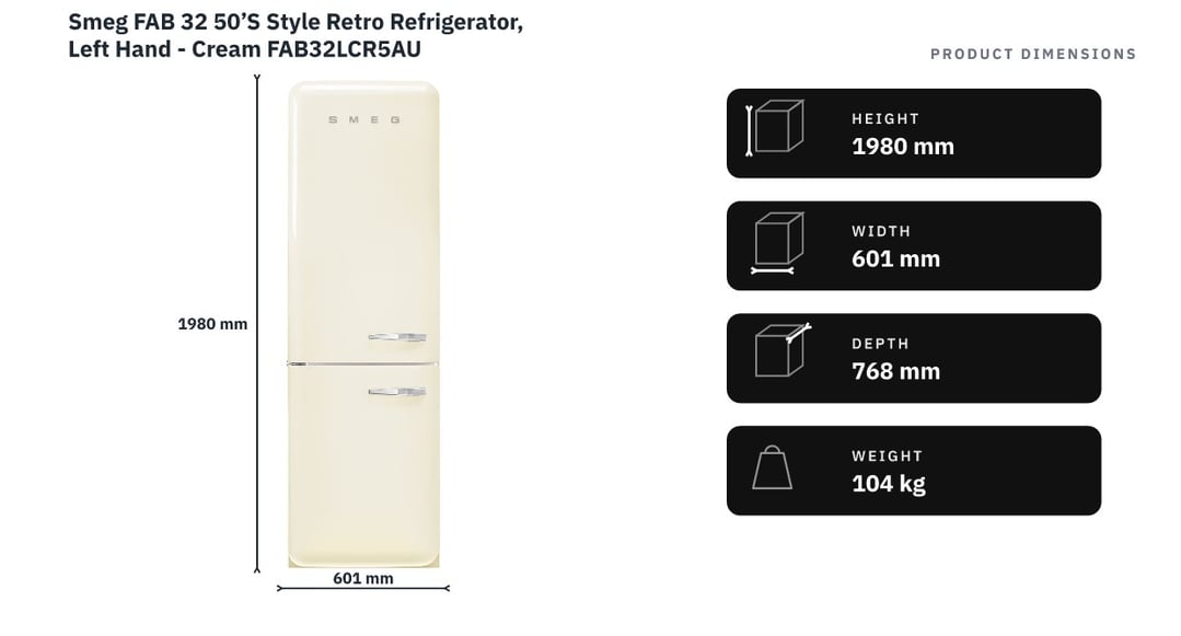 Smeg FAB 32 50’S Style Retro Refrigerator, Left Hand - Cream FAB32LCR5AU — product dimensions