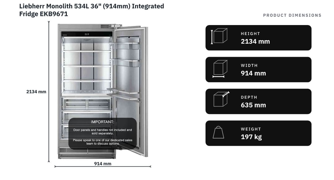 Liebherr Monolith 534L 36" (914mm) Integrated Fridge EKB9671 — product dimensions