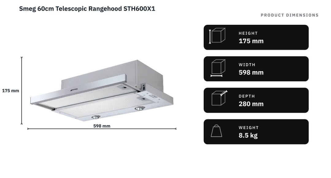 Smeg 60cm Telescopic Rangehood STH600X1 — product dimensions