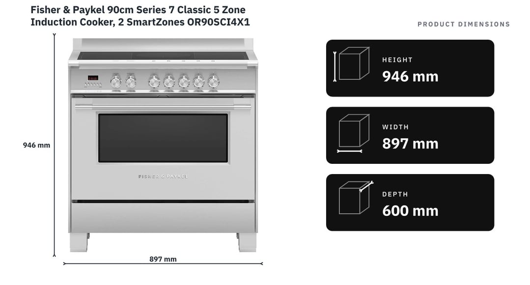 Fisher & Paykel 90cm Series 7 Classic 5 Zone Induction Cooker, 2 SmartZones OR90SCI4X1 — product dimensions
