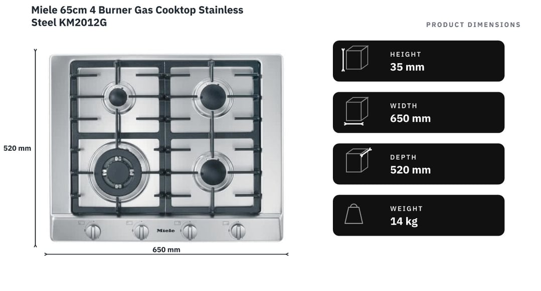 Miele 65cm 4 Burner Gas Cooktop Stainless Steel KM2012G — product dimensions