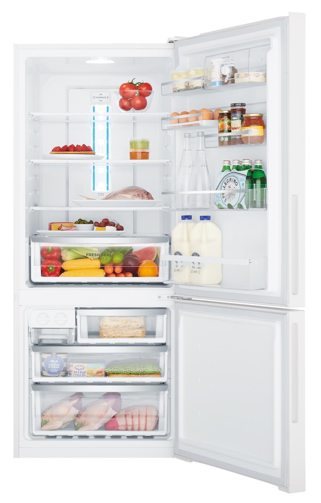 Open Westinghouse bottom mount fridge with food items inside, showing interior compartments