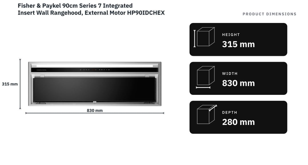 Fisher & Paykel 90cm Series 7 Integrated Insert Wall Rangehood, External Motor HP90IDCHEX4 — product dimensions