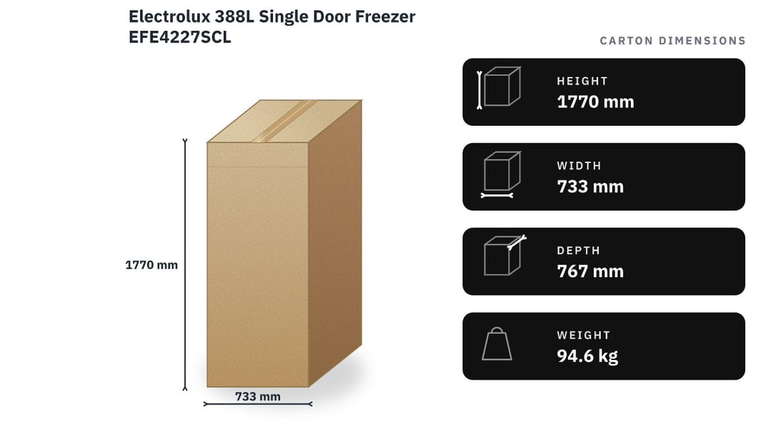 Electrolux 388L Single Door Freezer EFE4227SCL — packaged dimensions