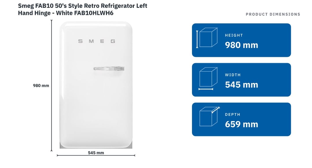 Smeg FAB10 50's Style Retro Refrigerator Left Hand Hinge - White FAB10HLWH6