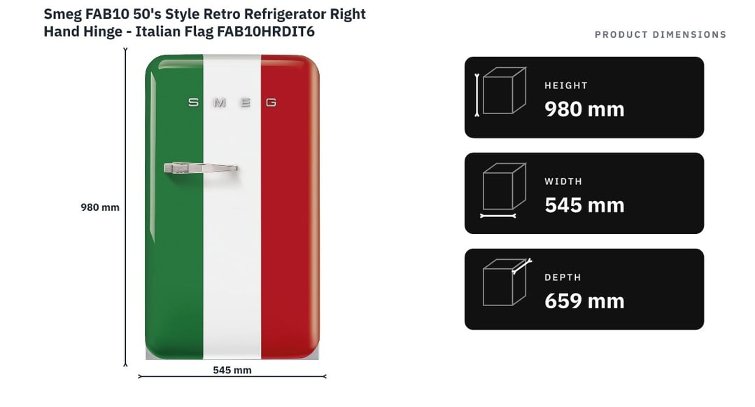 Smeg FAB10 50's Style Retro Refrigerator Right Hand Hinge - Italian Flag FAB10HRDIT6 — product dimensions