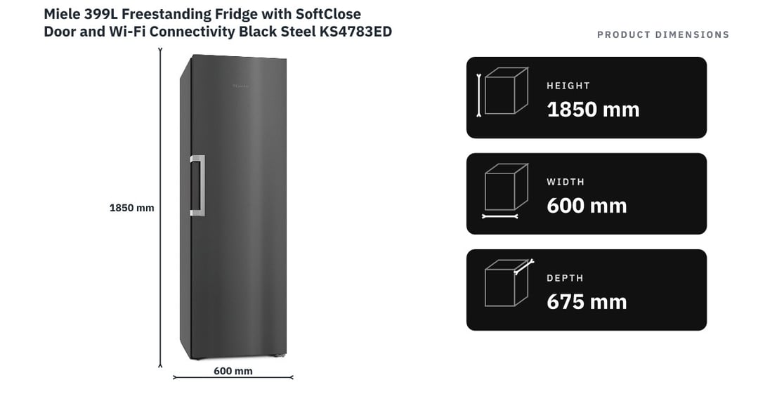 Miele 399L Freestanding Fridge with SoftClose Door and Wi-Fi Connectivity Black Steel KS4783EDBS — product dimensions