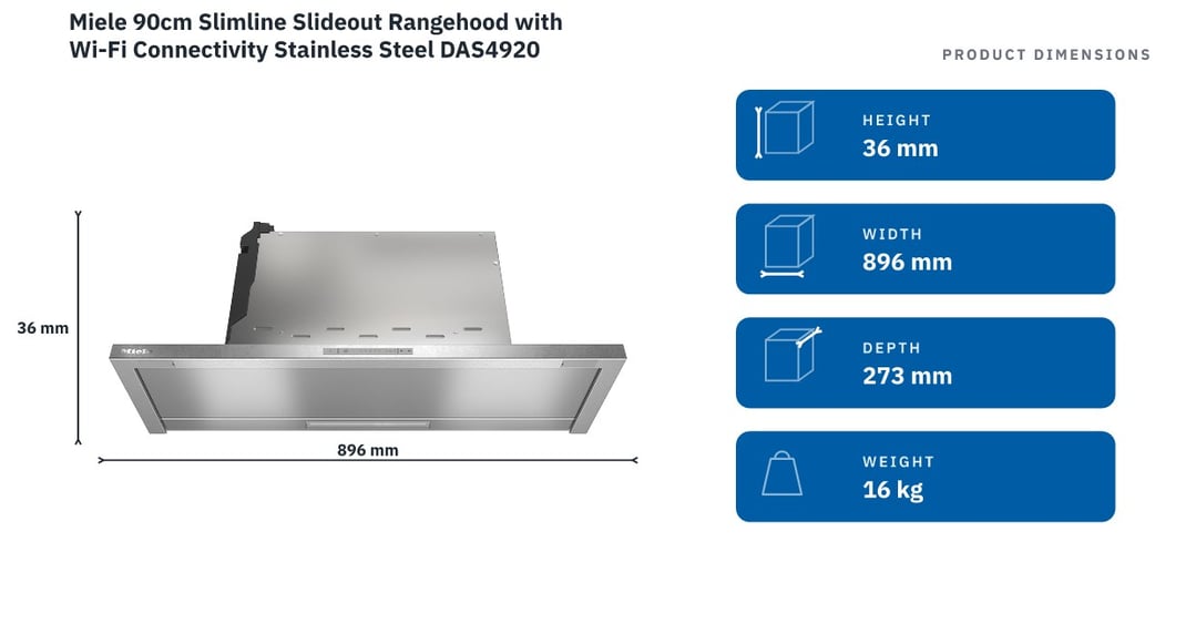 Miele 90cm Slimline Slideout Rangehood with Wi-Fi Connectivity Stainless Steel DAS4920