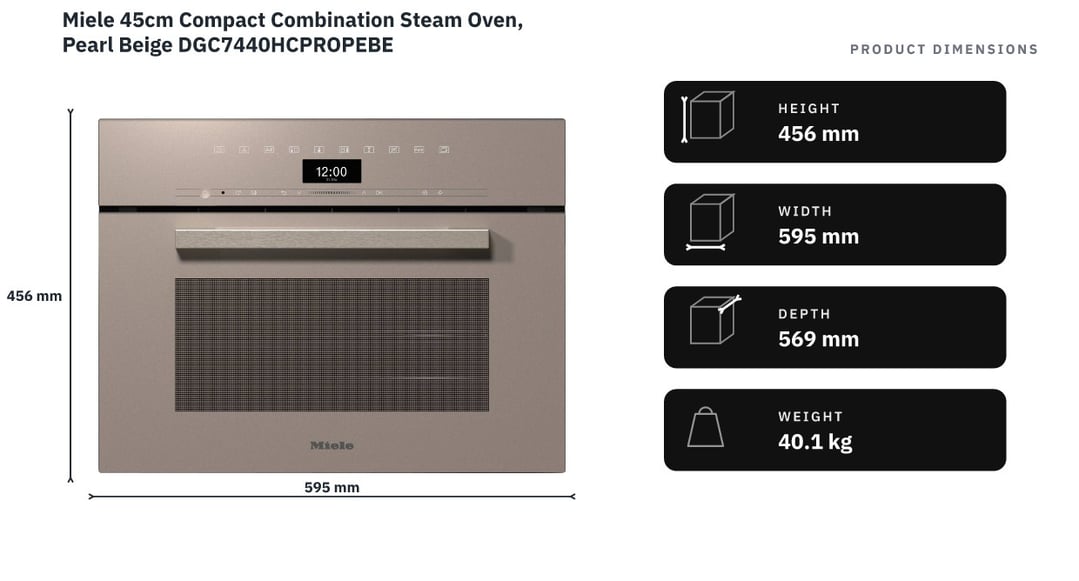 Miele 45cm Compact Combination Steam Oven, Pearl Beige DGC7440HCPROPEBE — product dimensions