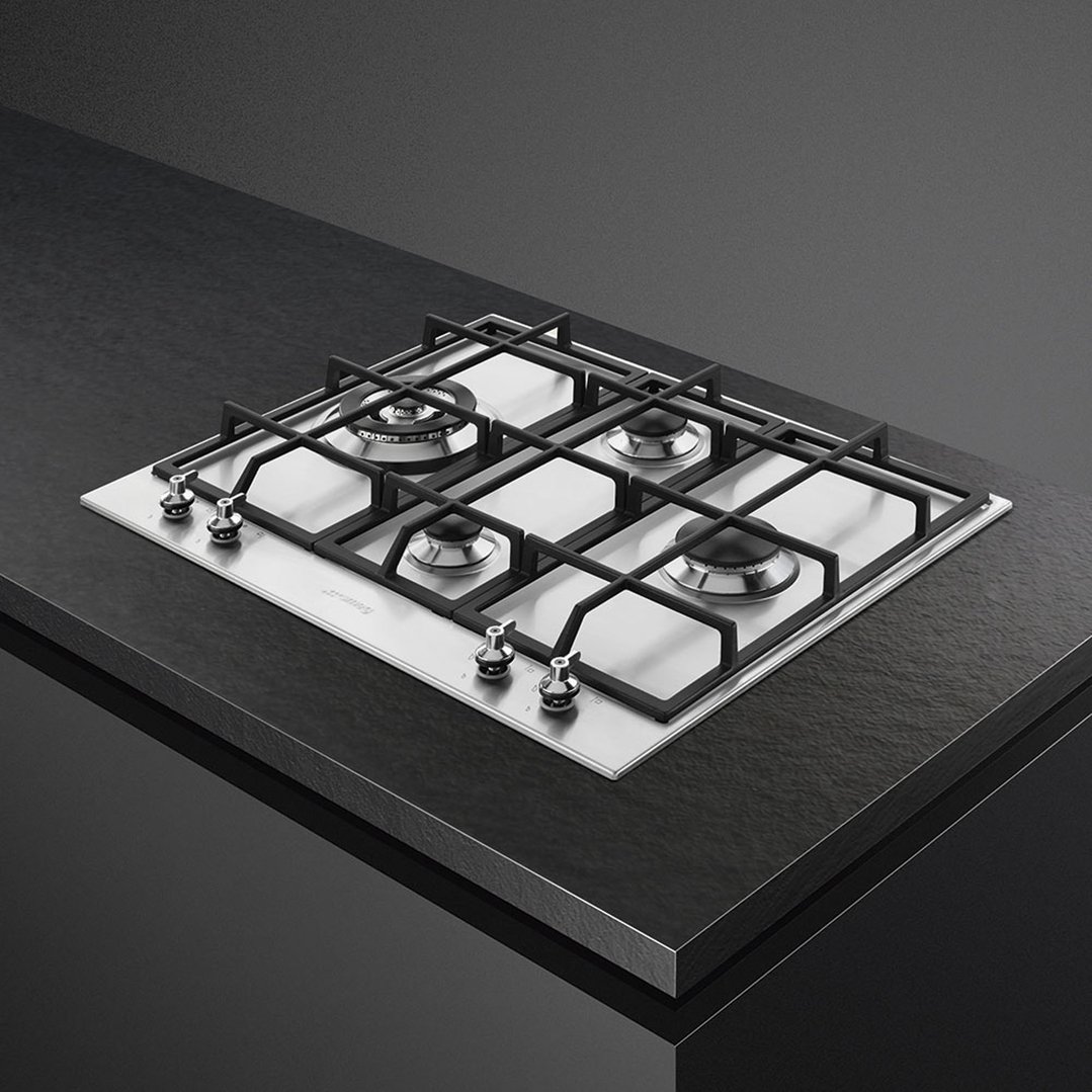 SMEG 60cm Classic Gas Cooktop on a dark countertop in a modern kitchen