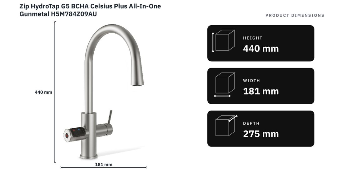 Zip HydroTap G5 BCHA Celsius Plus All-In-One Gunmetal H5M784Z09AU — product dimensions