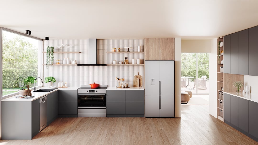 Westinghouse 90cm canopy rangehood in a modern kitchen with light wood and grey cabinets