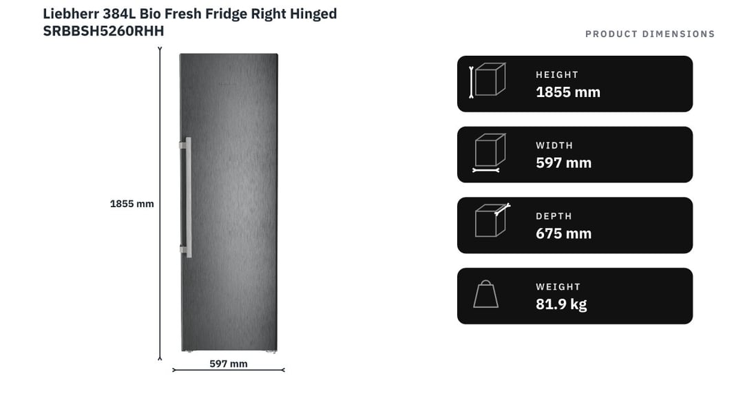 Liebherr 384L Bio Fresh Fridge Right Hinged SRBBSH5260RHH — product dimensions