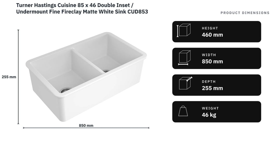 Turner Hastings Cuisine 85 x 46 Double Inset / Undermount Fine Fireclay Matte White Sink CUD853FS-MW — product dimensions