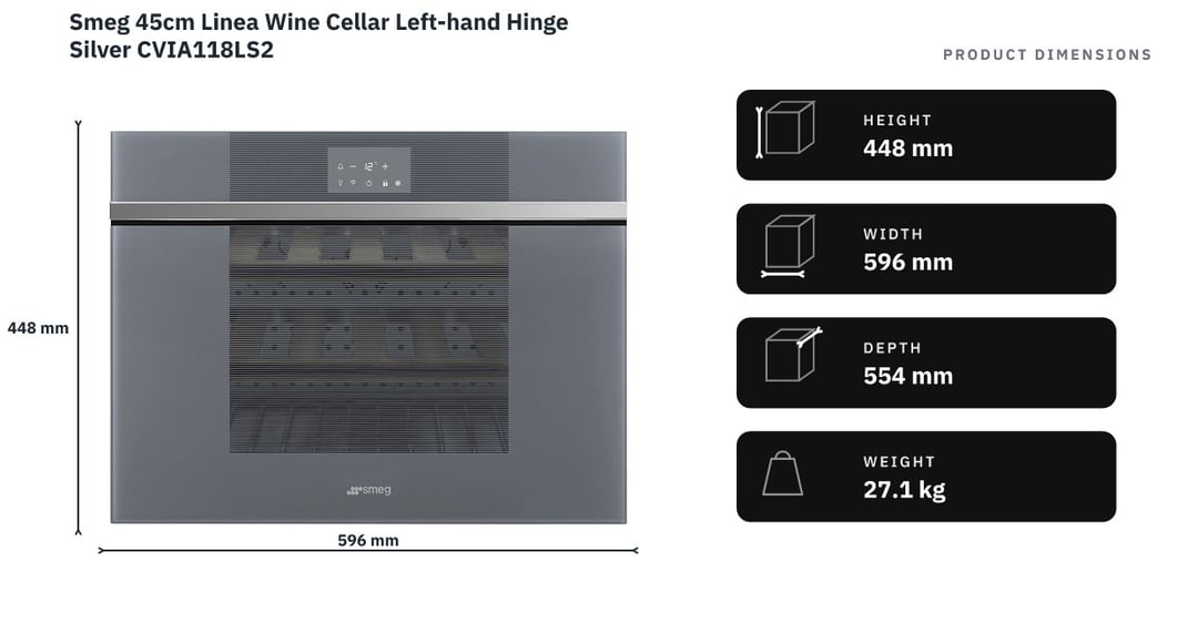 Smeg 45cm Linea Wine Cellar Left-hand Hinge Silver CVIA118LS2 — product dimensions