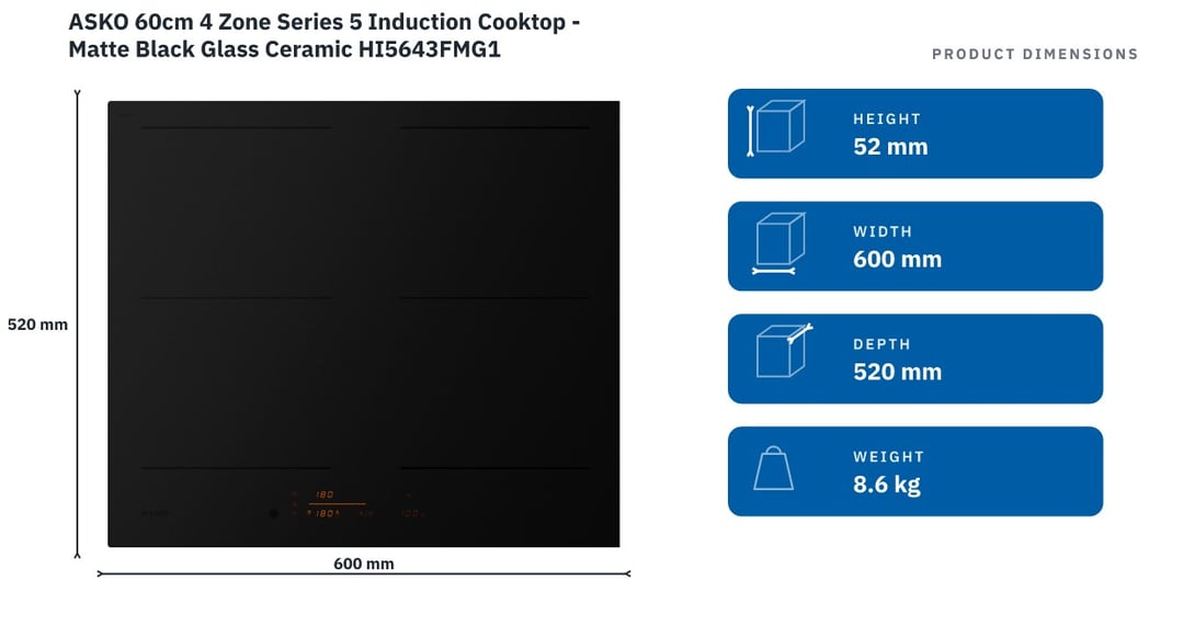 ASKO 60cm 4 Zone Series 5 Induction Cooktop - Matte Black Glass Ceramic HI5643FMG1 — product dimensions