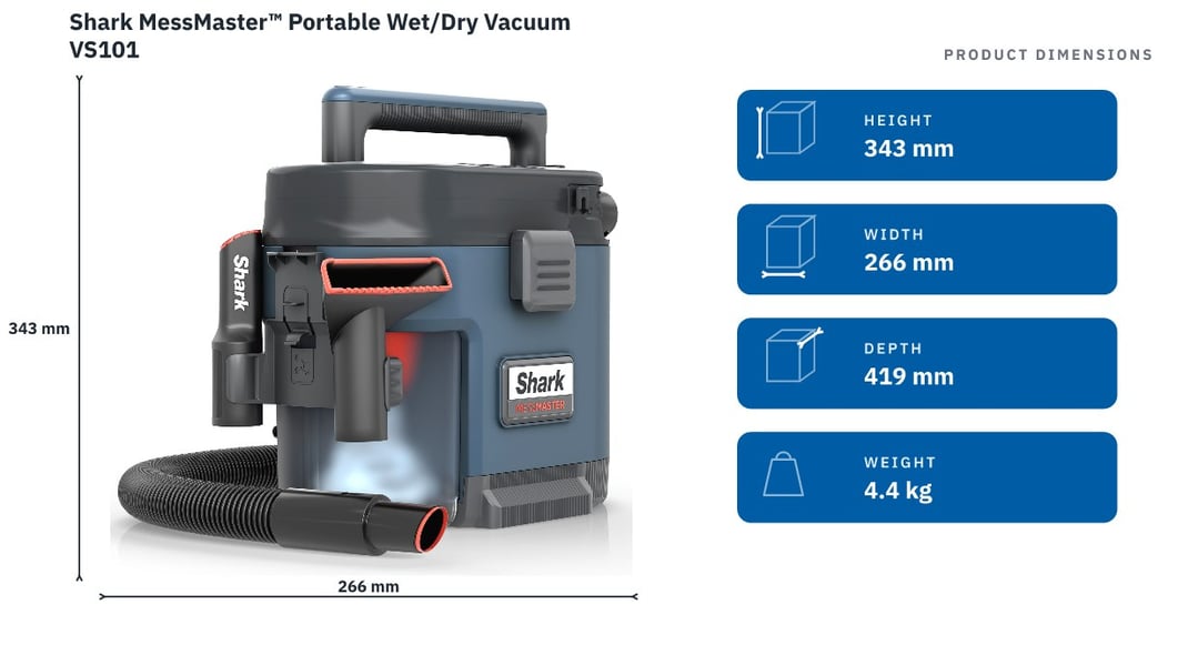 Shark MessMaster™ Portable Wet/Dry Vacuum VS101 — product dimensions