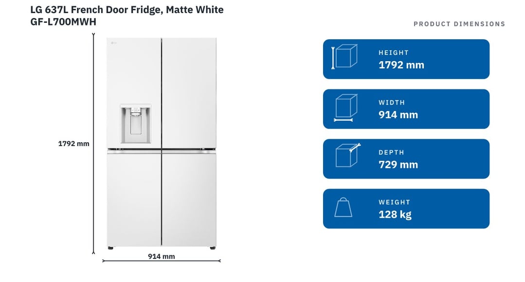 LG 637L French Door Fridge, Matte White GF-L700MWH